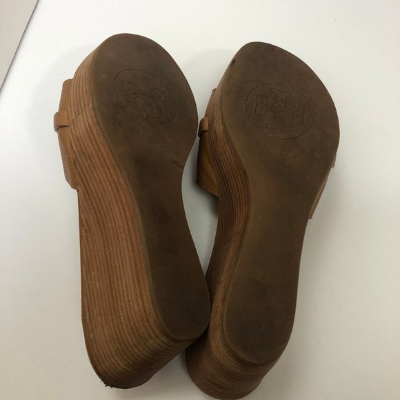 Tory Burch Patti Wedge Sandals Slides Platform Camel Brown Leather Womens 9M 9 - Picture 10 of 12